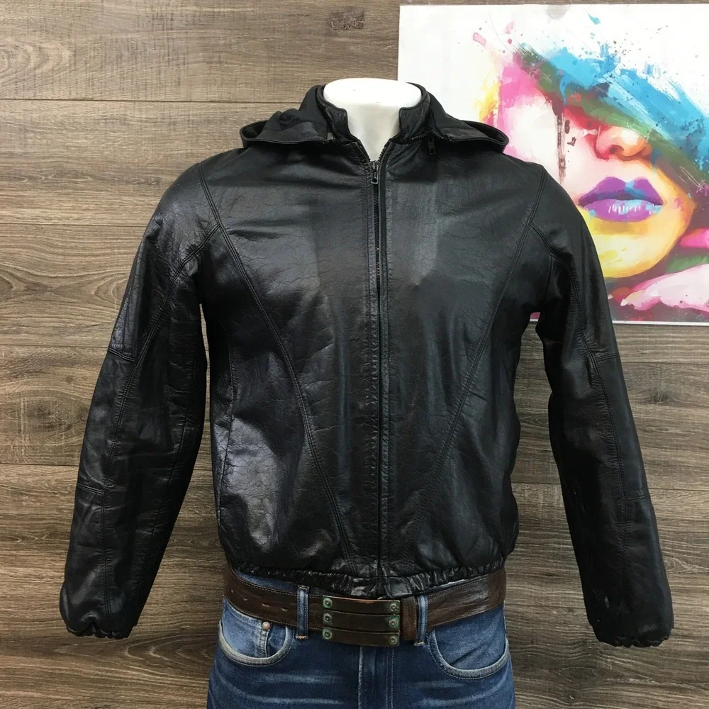 VINTAGE LEATHER HOODED JACKET MENS‎ BLACK REMOVABLE HOOD ZIPPER SIZE 40